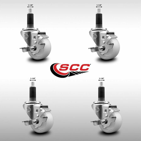 Service Caster 3'' SS Nylon Swivel 1-1/8'' Expanding Stem Caster Set with Brake, 4PK SCC-SSEX20S314-NYS-TLB-118-4